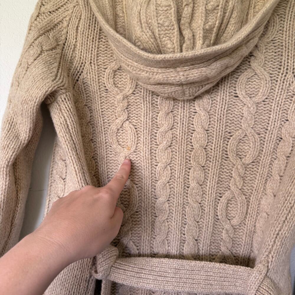 Abercrombie & Fitch Y2K Wool Cable Knit Belted Hooded Cardigan Tan Sz M Neutral - Picture 8 of 8